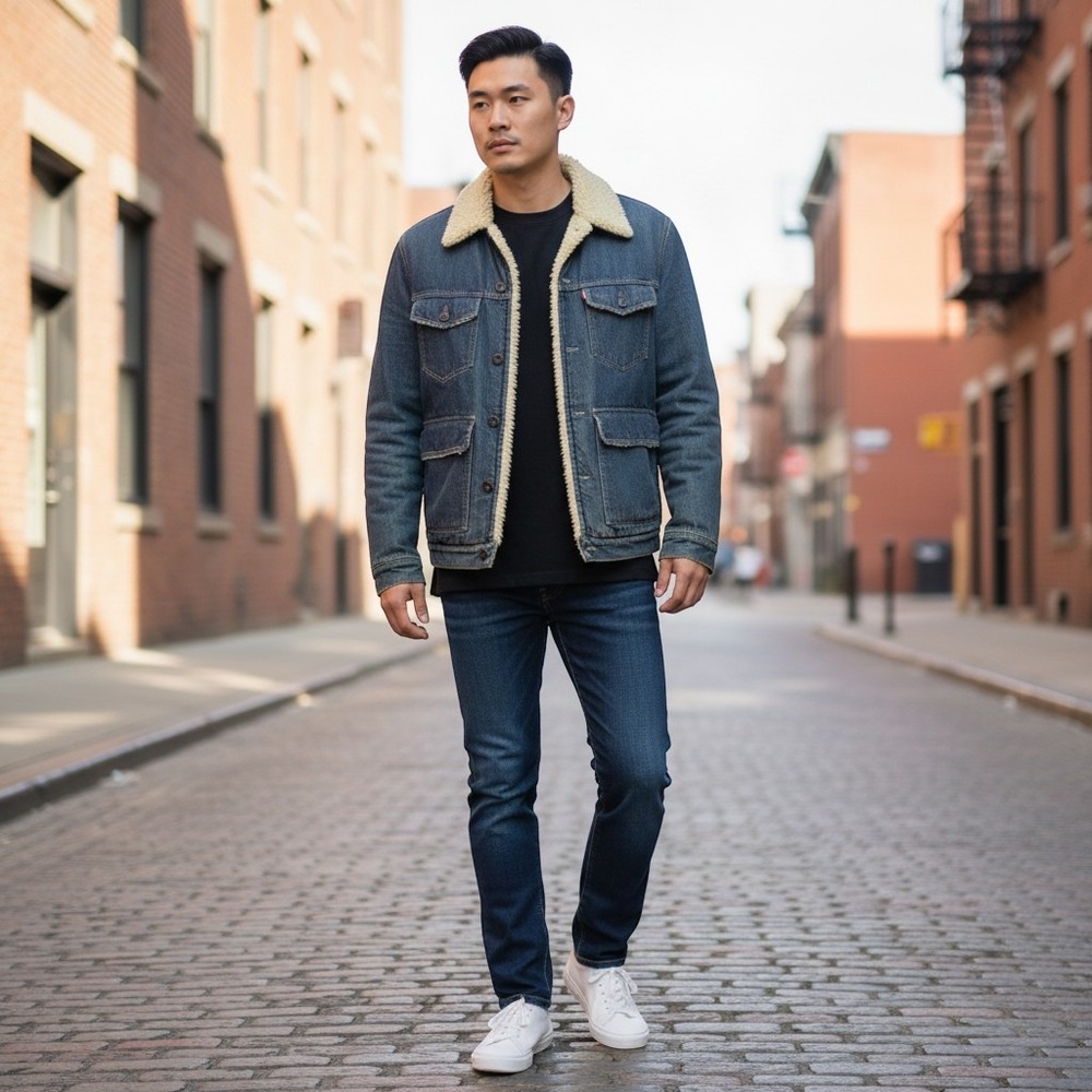 Levis Vintage Sherpa Lined Denim Trucker Jacket Blue Medium Wash Mens